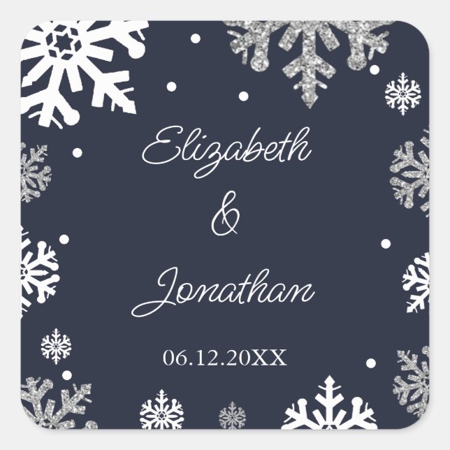 Navy Blue Snowflakes Winter Wedding Square Sticker (Front)