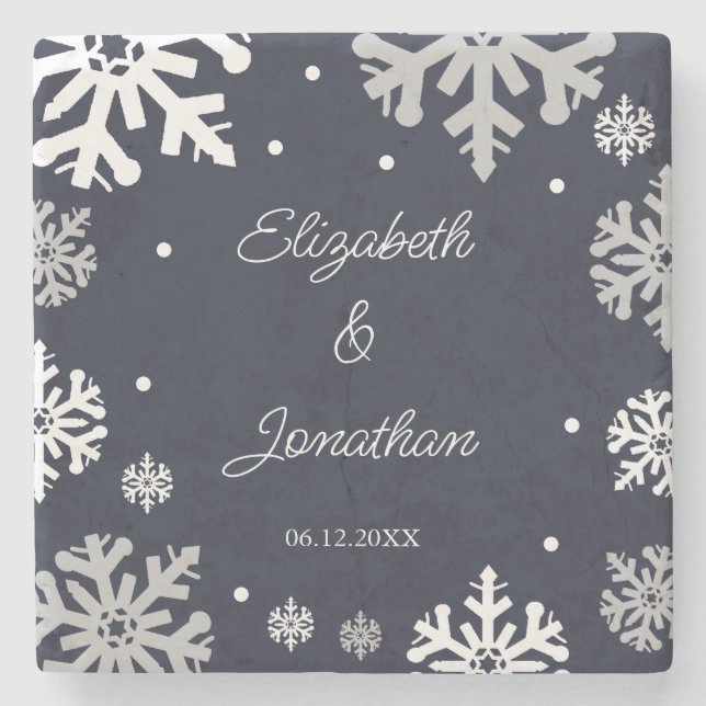 Navy Blue Snowflakes Winter Wedding Stone Coaster (Front)