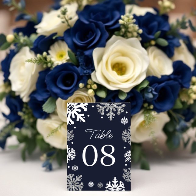 Navy Blue Snowflakes Winter Wedding Table Number (Creator Uploaded)