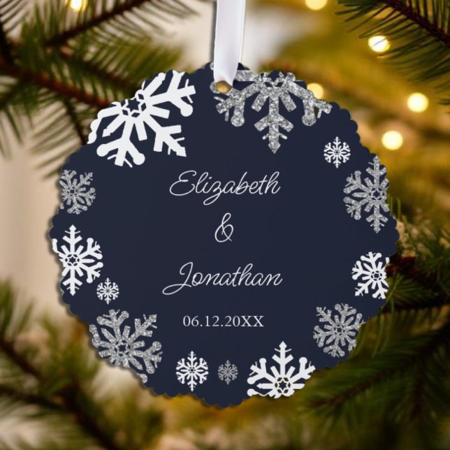 Navy Blue Snowflakes Winter Wedding Tree Decoration Card (Creator Uploaded)