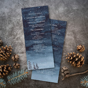 Navy Blue Snowy Winter Night Wonderland Wedding Program