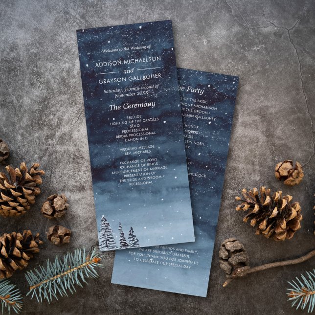 Navy Blue Snowy Winter Night Wonderland Wedding Program (Winter wonderland watercolor snow night wedding program card for and elegant winter wedding day.)