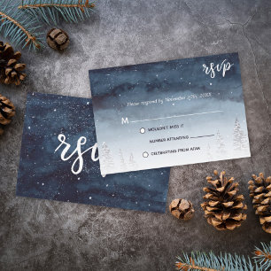 Navy Blue Snowy Winter Scene Wedding RSVP Invitation