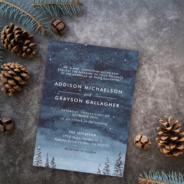 Navy Blue Snowy Winter Wonderland Formal Wedding Invitation (Snowy winter wonderland navy blue night sky makes an elegant visual for your winter wedding.)