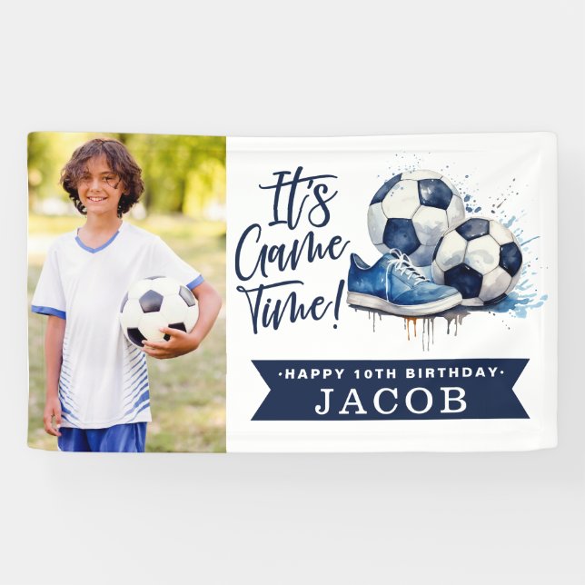 Navy Blue Soccer Kids Watercolor Photo Banner (Horizontal)