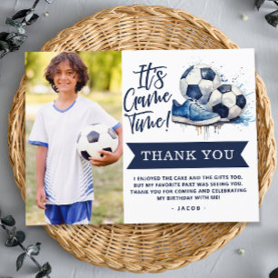 Navy Blue Soccer Kids Watercolor Photo Thank You Postcard