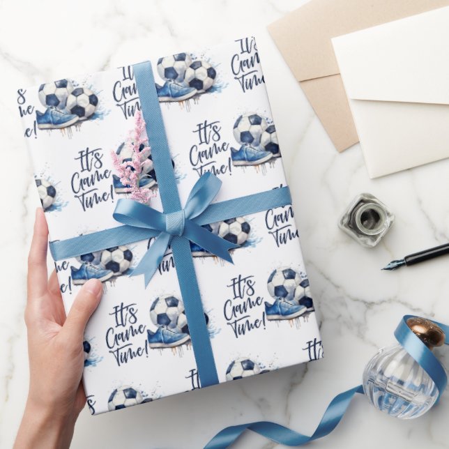 Navy Blue Soccer Kids Watercolor  Wrapping Paper (Gifting)