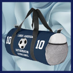 Navy Blue Soccer Team Coach Player Duffle Bag<br><div class="desc">This personalised name duffel gear bag is a unique and fun gift for a soccer player, team, or coach! On the front - a soccer ball on a navy blue background, with white lettering - very bright and eye catching. Sides of duffle bag are white, giving it a sharp, trendy,...</div>