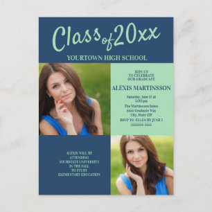 Navy Blue Soft Green Graduation Party Photo Invite Postcard