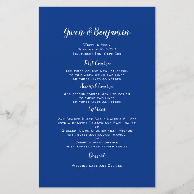Navy Blue Solid Affordable Wedding Menu Template (Front)