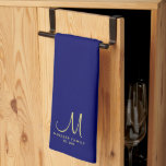 Navy Blue Solid Colour Gold Monogram Family Name Tea Towel<br><div class="desc">Custom Upload Add Your Photo or Logo Text Elegant Modern Cute Monogram Kitchen & Dining / Table & Kitchen Linens/ Initial Family Name Template Gold Monogram Navy Blue Solid Colour Kitchen Towel.</div>