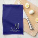 Navy Blue Solid Colour Gold Monogrammed Family Nam Tea Towel<br><div class="desc">Custom Upload Add Your Photo or Logo Text Elegant Modern Cute Monogrammed Kitchen & Dining / Table & Kitchen Linens/ Initial Family Name Template Gold Monogram Navy Blue Solid Colour Kitchen Towel.</div>