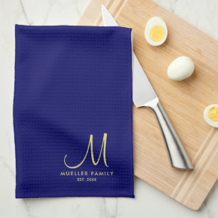 Navy Blue Solid Colour Gold Monogrammed Family Nam Tea Towel