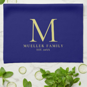 Navy Blue Solid Colour Gold Monogrammed Family Nam Tea Towel
