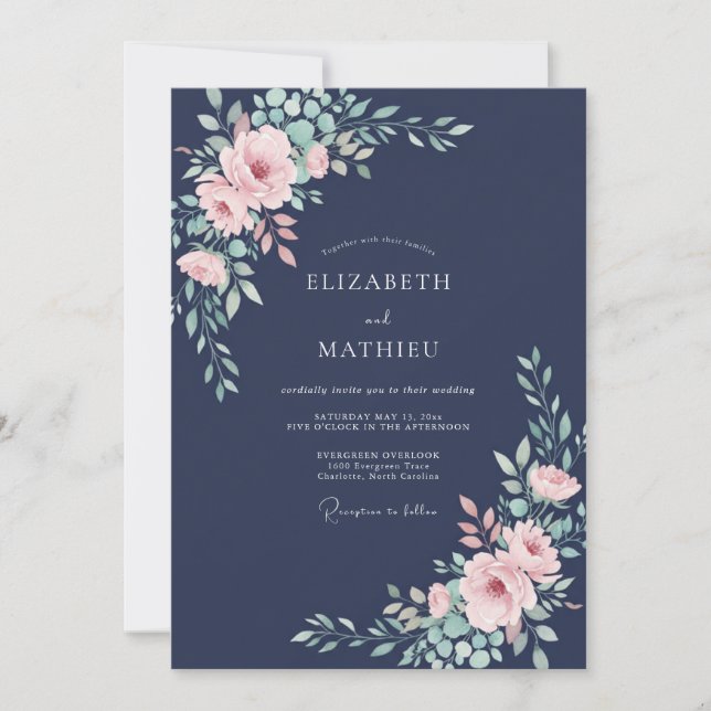 Navy Blue Sophisticated Romantic Wedding Invitation (Front)