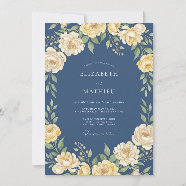 Navy Blue Sophisticated Rose Wedding Invitation (Front)