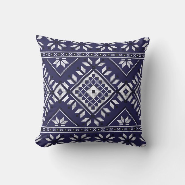 Navy Blue Southwest Native Tribal Aztec Pattern Cushion (Front)