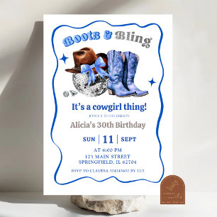 Navy Blue Space Cowgirl Boots and Bling Birthday  Invitation