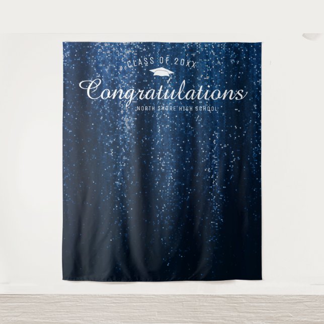 Navy Blue Sparkle Graduation Photo Booth Backdrop Tapestry (Front)