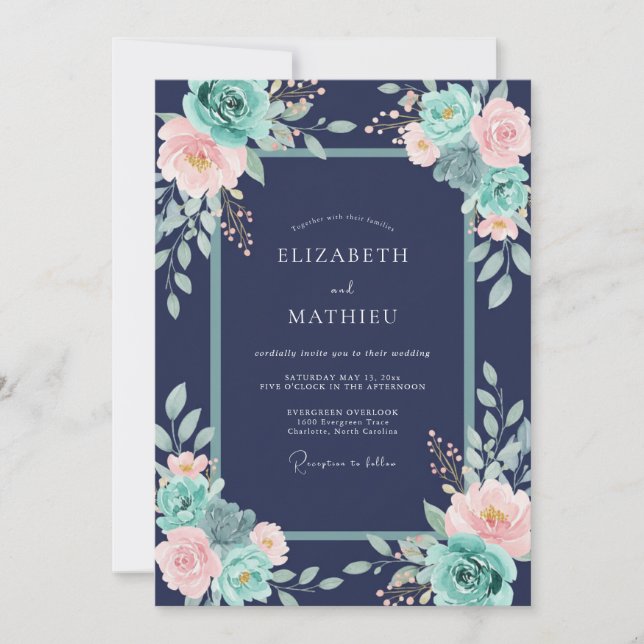Navy Blue Splendid Floral Wedding Invitation (Front)