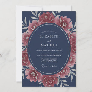 Navy Blue Splendid Rose Wedding Invitation