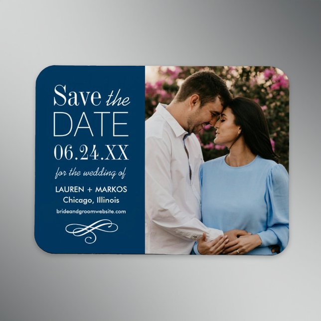 Navy Blue Split Panel Photo Save the Date Magnet (Creator Uploaded)