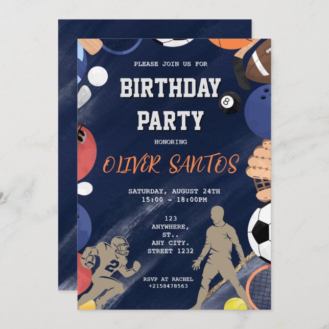 Navy blue sport boys Birthday Invitation (Front/Back)