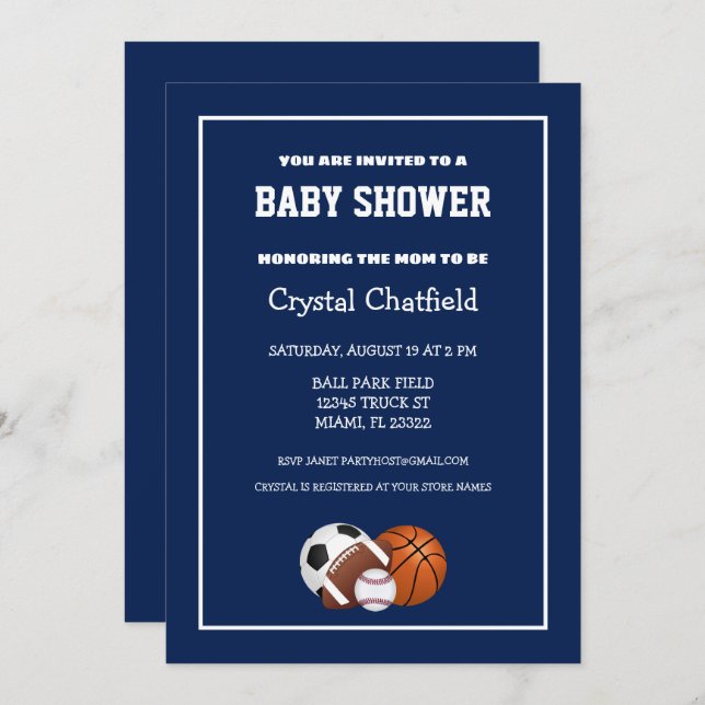 Navy Blue Sports Baby Shower Invitation (Front/Back)