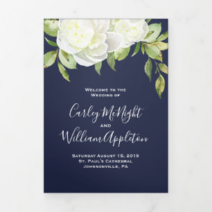 Navy Blue Spring Floral Peony Wedding Program Tri-Fold Programme
