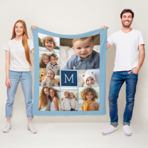 Navy Blue square 8 Photo Collage CAN edit COLOR Fleece Blanket
