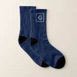 Navy Blue Square Frame Monogram Socks<br><div class="desc">Modern and stylish monogram design.</div>