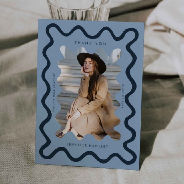 Navy Blue Squiggly Wavy Frame Graduation Thank You Announcement (Creator Uploaded)