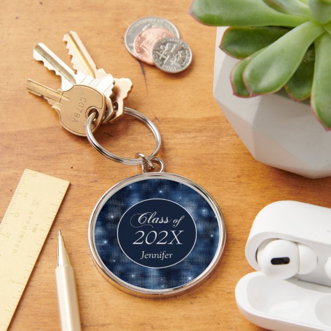 Navy Blue Star Shimmer Class Graduation Keychain (Desk)