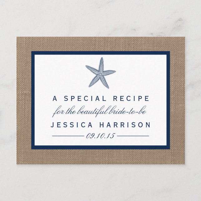Navy Blue Starfish Beach Bridal Shower Recipe Card (Front)