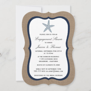 Navy Blue Starfish Burlap Beach Engagement Shower Invitation