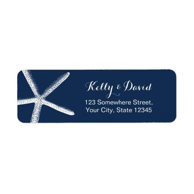 Navy Blue Starfish Elegant Beach Wedding Return Address Label (Front)