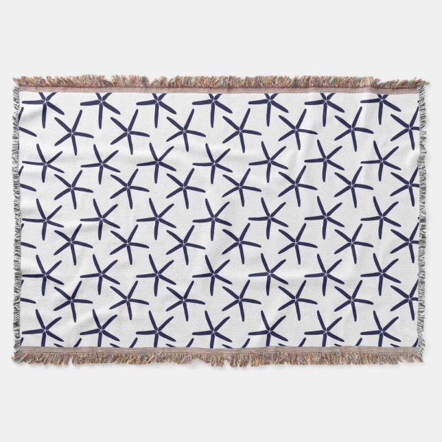 Navy blue starfish on a white background throw blanket (Front)