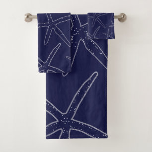 Navy Blue Starfish, Sand Dollar Bathroom Towel Set