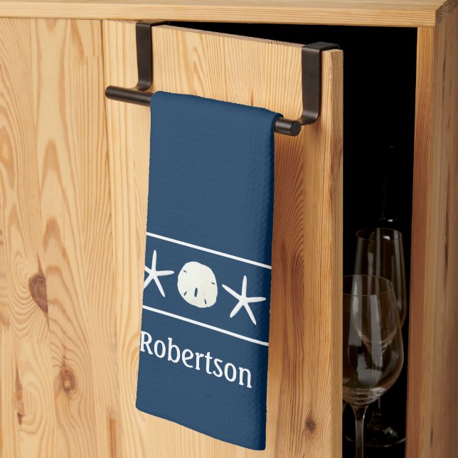 Navy Blue Starfish Sand Dollar Coastal Tea Towel (Thirds Fold)