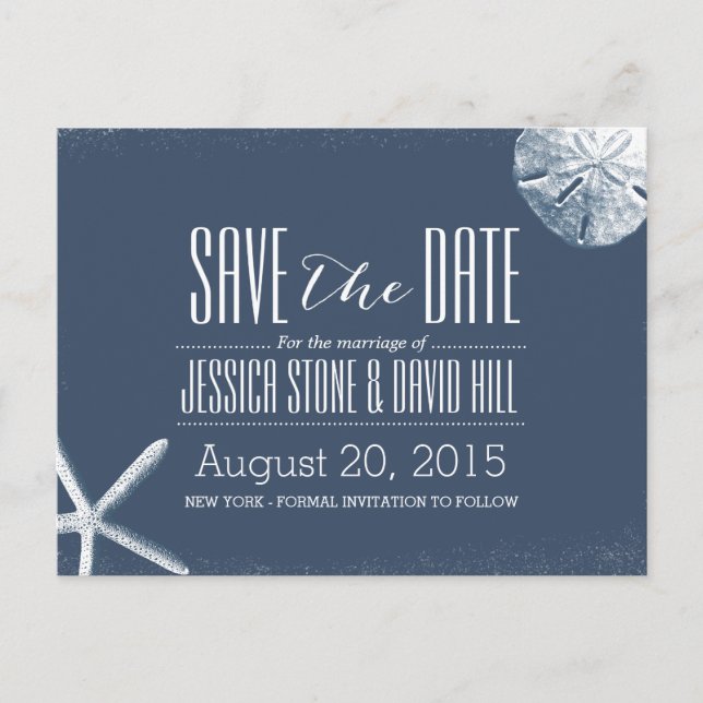 Navy Blue Starfish & Sand Dollar Save the Date Announcement Postcard (Front)