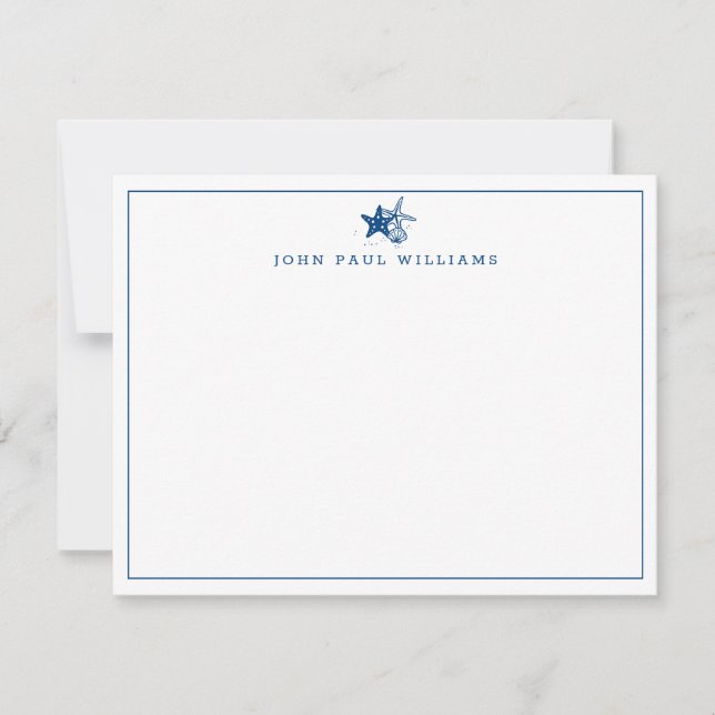 Navy Blue Starfish Shell Coastal Nautical Border Card (Front)