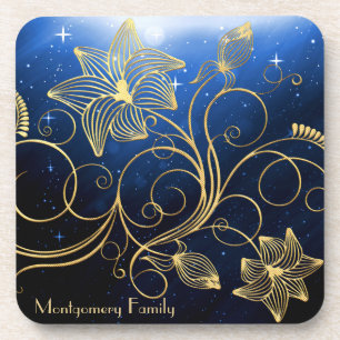 Navy Blue Starry Galaxy Gold Floral Family Name Coaster