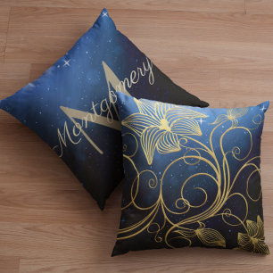 Navy Blue Starry Galaxy Gold Floral  Monogram Name Cushion