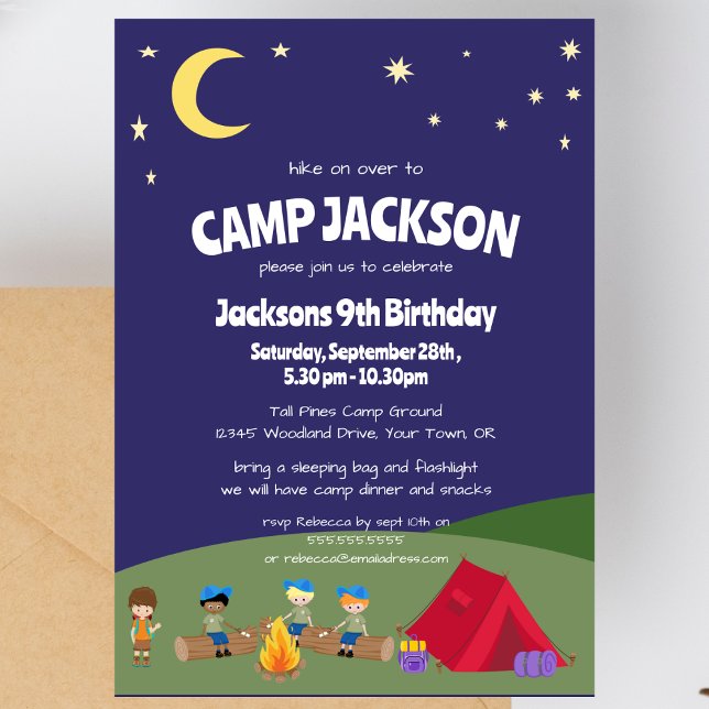  Navy Blue Starry Night Camping Birthday Party  Invitation (Creator Uploaded)