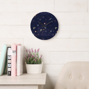 Navy Blue Starry Night Doodle large Clock