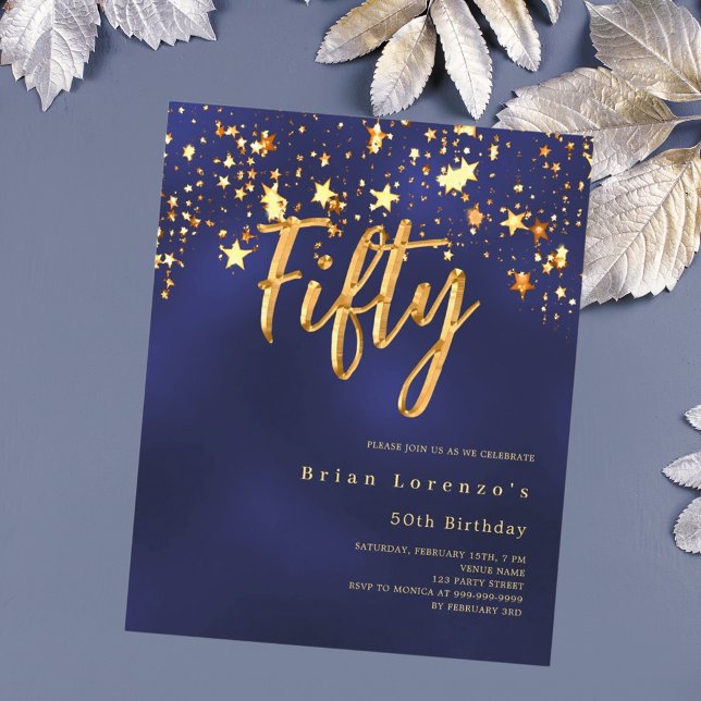 Navy blue stars budget 50th birthday invitation (Creator Uploaded)