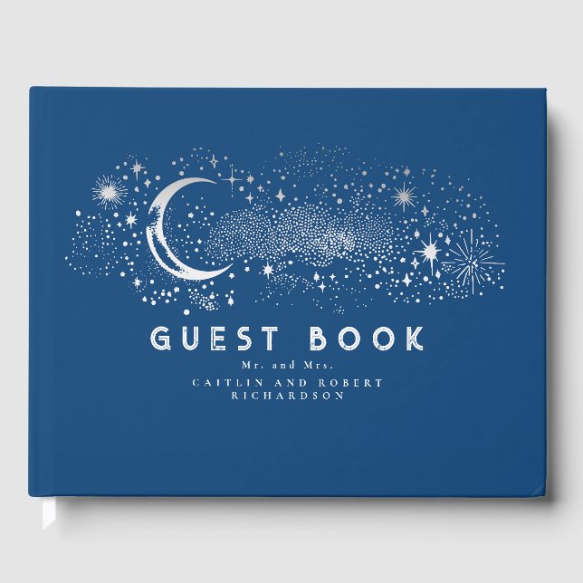 Navy Blue Stars Moon Night Sky Wedding Guest Book (Front)