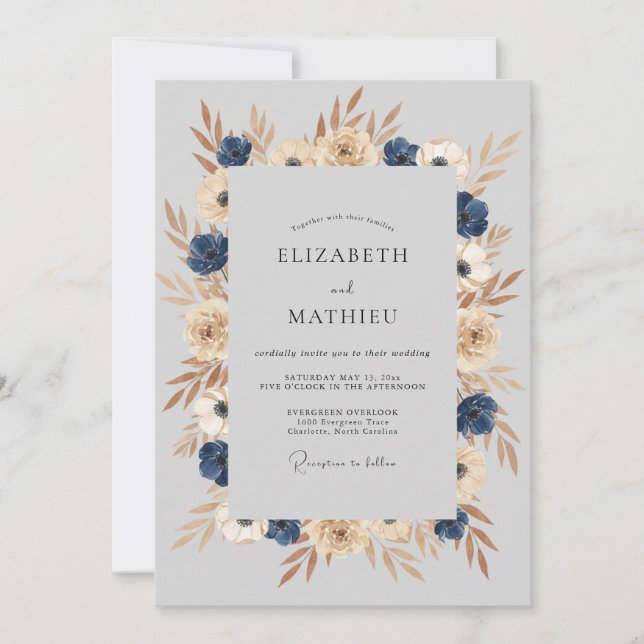 Navy Blue Stately Autumnal Wedding Invitation (Front)