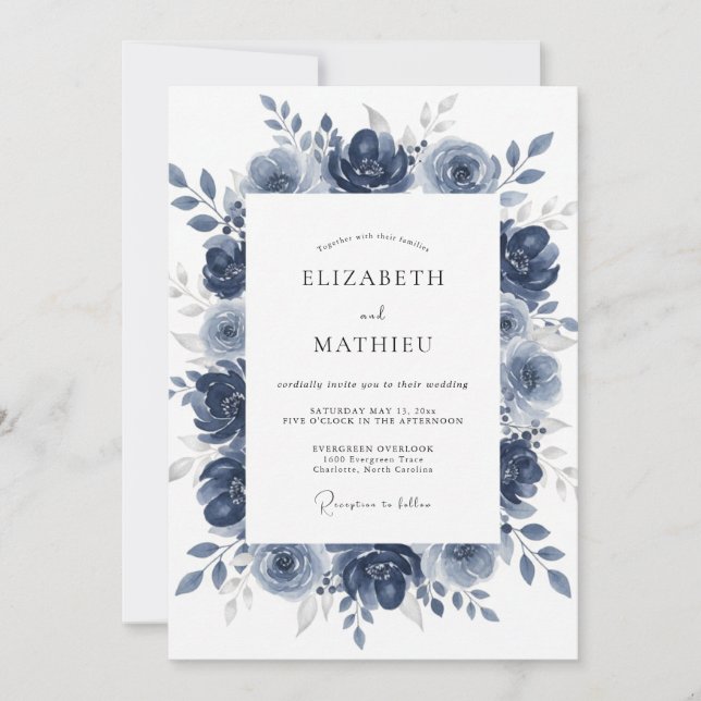 Navy Blue Stately Watercolor Wedding Invitation (Front)