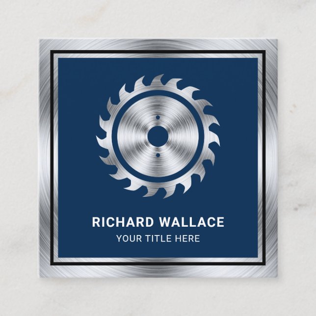 Navy Blue Steel Circular Saw Handyman Carpenter Square Business Card (Front)
